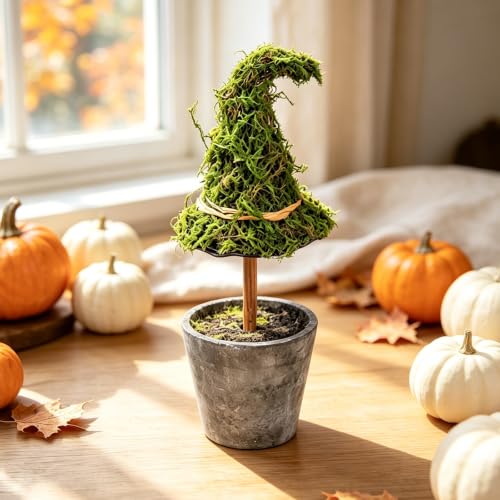 Grey Halloween Witch Hat Topiary Plant with Pot - Artificial Moss Decor