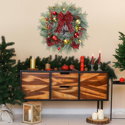Artificial Christmas Wreath 20 Inch with Pine Needles Red Berries Pine Cones Buffalo Plaid Bow Christmas Decorations for Front Door - Red