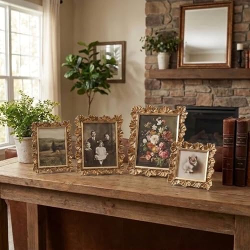 Gold 5x7 Floral Vintage Picture Frame with Enamel Finish - Tabletop & Wall Mount