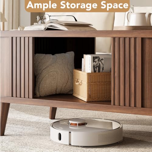 47.2 Inch Oval Fluted Coffee Table with Storage - Walnut, Modern Mid-Century