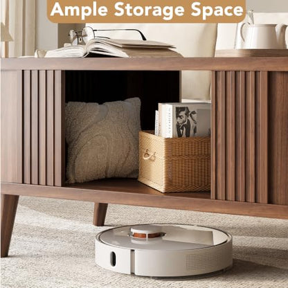 47.2 Inch Oval Fluted Coffee Table with Storage - Walnut, Modern Mid-Century