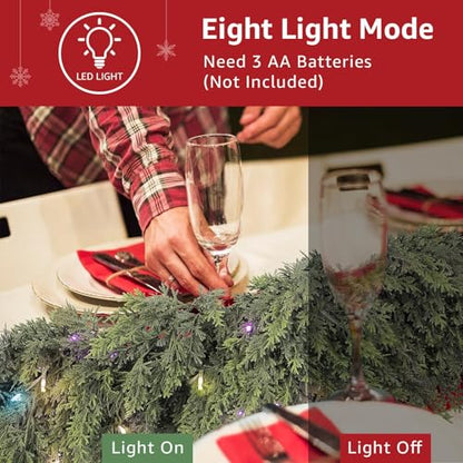 12FT Cedar Christmas Garland with Lights - Faux Pine Holiday Decor for Mantle & Outdoors