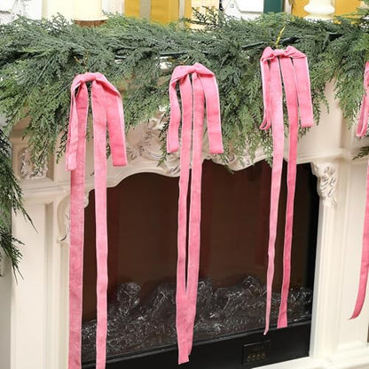 Pink Velvet Christmas Bow Ornaments Set of 6 - Long Holiday Tree Decor
