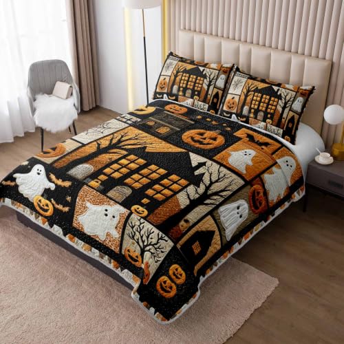 HOSIMA Kids Halloween Bedspread King Patchwork Quilt with 2 Pillowcases - Orange-Black