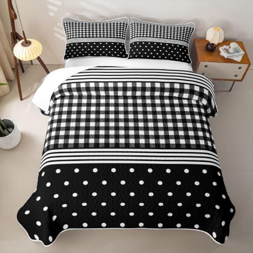 Black Buffalo Plaid Full Quilt Set with Polka Dot Bedding - Bedspread Coverlet for Girls Boys - Black / Full
