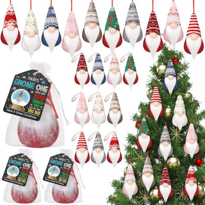 25 Pack Christmas Gnome Ornaments Gift Set with Greeting Cards & Bags - Festive Holiday Decor