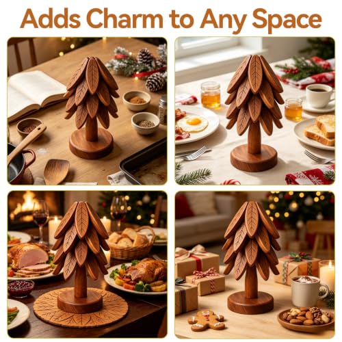 Brown Wooden Christmas Tree Trivet Set - Stackable Hot Dish Protectors