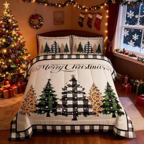 Multi 05 Manfei Christmas Kids Comforter Set Twin Size with Pillowcase - Leopard Plaid Pines Trees Bedding