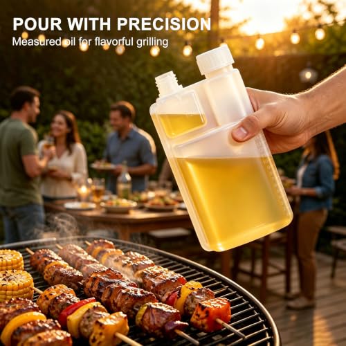 2-Pack 16oz Plastic Flask with Built-In Shot Glass and Graduated Dispenser for Liquor, Oil, Camping & Travel