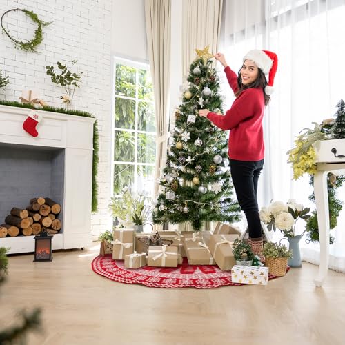 Knitted Christmas Tree Skirt 48 Inch Snowflake Cable Knit Holiday Decor Red Burgundy