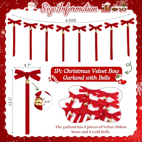 Christmas Velvet Bow Garland with Bells - Red Ribbon Holiday Decor