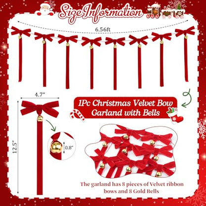Christmas Velvet Bow Garland with Bells - Red Ribbon Holiday Decor