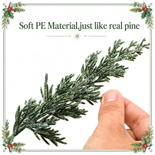 50Pcs Christmas Snow Pine Branches with Red Berries - Snowy Norfolk Pine Stem Set