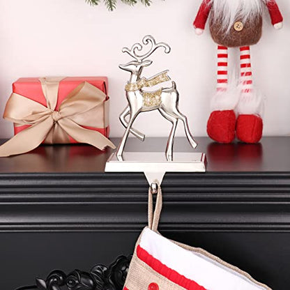 Reindeer Christmas Stocking Holders Set of 2 - Silver Anti-Slip Mantle Hangers