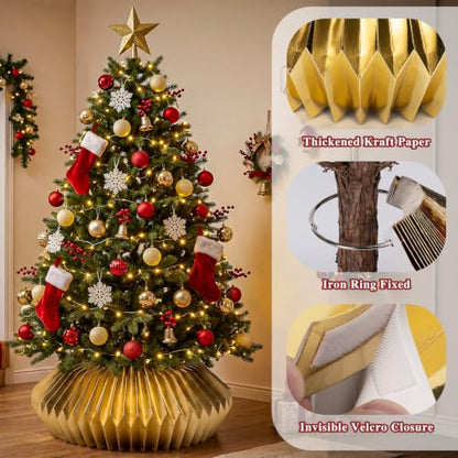 Foldable Paper Christmas Tree Collar - Honeycomb Xmas Tree Ring Basket, Gold, 23-26 Inch Diameter