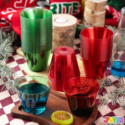 144 Pack Christmas Clear Disposable Plastic Cups - Red & Green 9oz Bulk Drinking Glasses