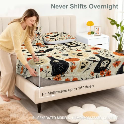 Halloween Fitted Bed Sheet King with Gothic Pumpkin Skull Bats Pattern - Ghost Bottle Pumpkin Variation