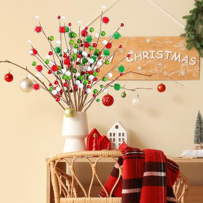 Artificial Berry Stems - 6 Pieces, 16 Inch Christmas Tree Picks, Red Green White, Holiday Decor