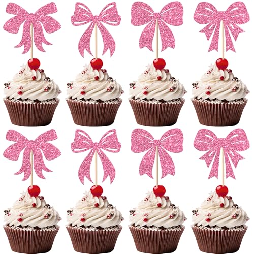 Pink Christmas Bowknot Cupcake Toppers 24 Pack - Holiday Party Decorations