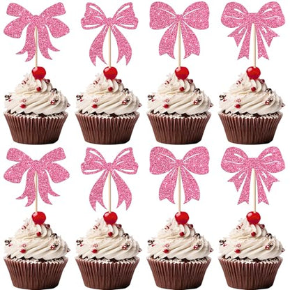 Pink Christmas Bowknot Cupcake Toppers 24 Pack - Holiday Party Decorations