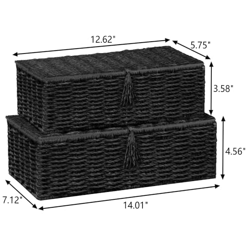 Black Wicker Storage Baskets with Lids - Set of 2 Handwoven Organizers