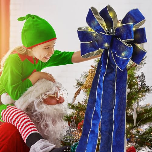 Velvet Christmas Tree Topper Bow with LED Lights - Royal Blue Large 12.6x118 Inch with Ribbon Streamers