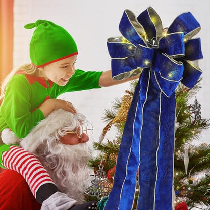 Velvet Christmas Tree Topper Bow with LED Lights - Royal Blue Large 12.6x118 Inch with Ribbon Streamers