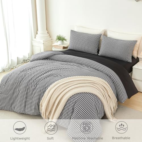 Full Gingham Bedding Set for Boys Black White Plaid Bed in a Bag 5Pcs