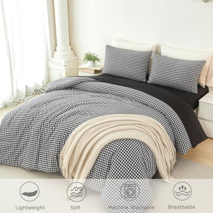 Full Gingham Bedding Set for Boys Black White Plaid Bed in a Bag 5Pcs