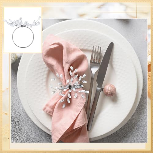 Willbond Christmas Crystal Leaf Napkin Rings Set - Silver, 12 Pieces
