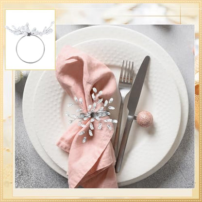 Willbond Christmas Crystal Leaf Napkin Rings Set - Silver, 12 Pieces