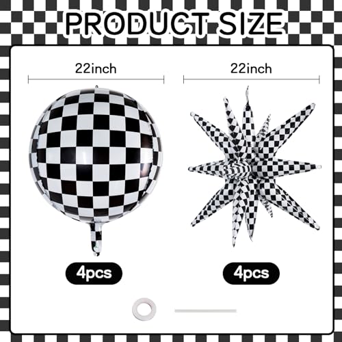 TONIFUL 8 Pack 22 Inch Black Checkered Large 4D Round and Star Foil Balloons Set - Party Decorations for Christmas, New Year, Birthday, Wedding