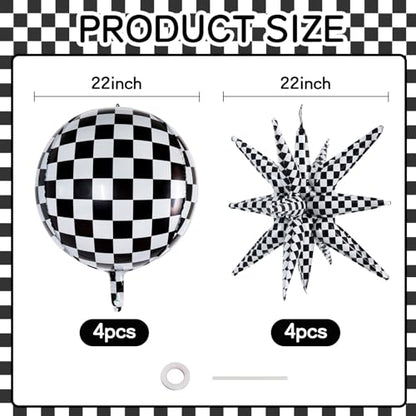TONIFUL 8 Pack 22 Inch Black Checkered Large 4D Round and Star Foil Balloons Set - Party Decorations for Christmas, New Year, Birthday, Wedding