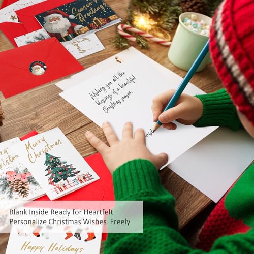 24 Holiday Christmas Cards with Red Envelopes & Stickers - Assorted Designs