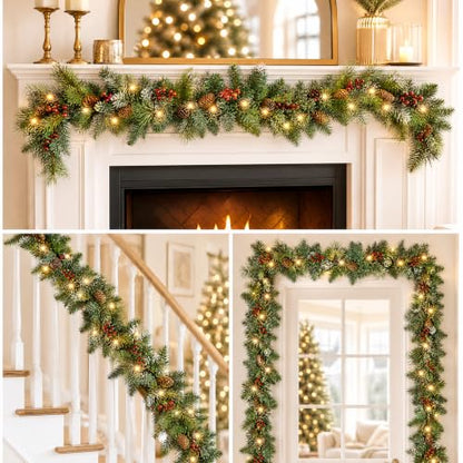 9ft Artificial Christmas Garland with Lights, Pine Cones & Red Berries