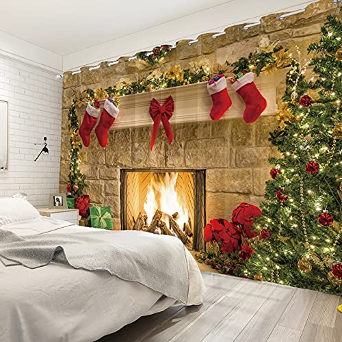 Christmas Kitchen Curtains 2 Panels Blackout Fireplace Red Stocking Decor 53x72 Inch