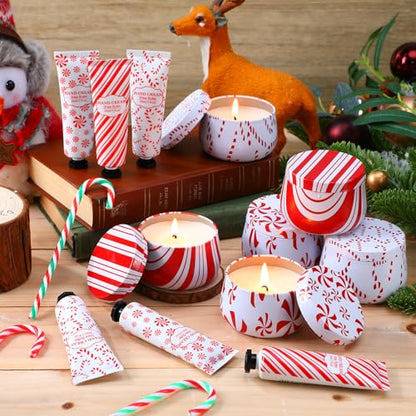 Candy Cane Scented Christmas Gift Set - 6 Candles & Hand Cream for Women - Peppermint Holiday Bulk