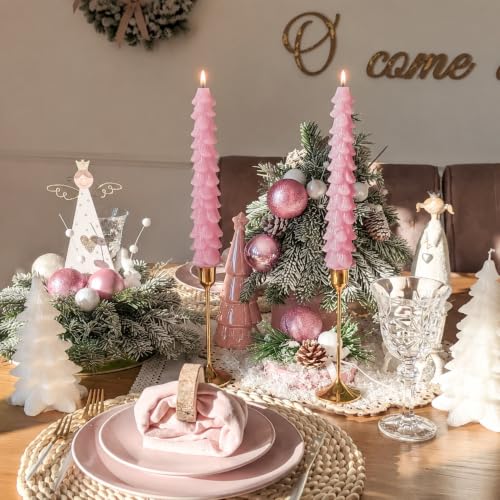 Pink Christmas Tree Candles Set of 2 - 10 Inch Tree-Shaped Taper Candles