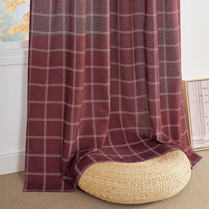 NICETOWN Buffalo Plaid Light Filtering Window Curtains - 52W x 108L Burgundy Red, Pack of 2, Diagonal Check