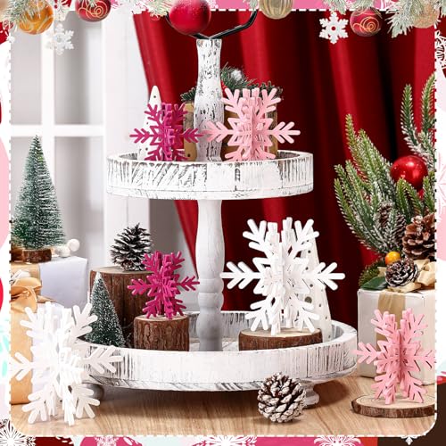 Wooden Snowflake Table Decorations Set - 12 Pcs Winter Holiday Centerpieces - White, Pink, Rose Red