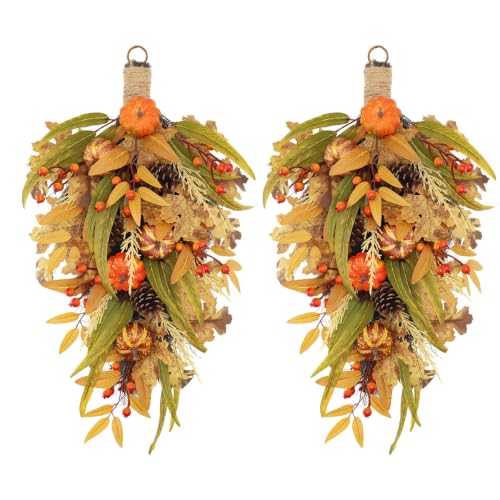 27.5-Inch Fall Harvest Teardrop Swag for Front Door - Autumn Thanksgiving Decor - Irregular Variation 1