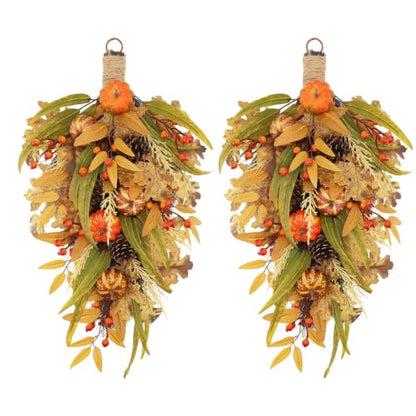 27.5-Inch Fall Harvest Teardrop Swag for Front Door - Autumn Thanksgiving Decor - Irregular Variation 1