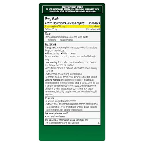 Excedrin Tension Headache Relief Caplets, Acetaminophen 500mg, Caffeine 65mg, Pain Reliever, Aspirin-Free, 100 Count