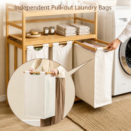 Beige Bamboo Laundry Hamper with 2-Tier Shelf and Removable Bags - 150L Capacity
