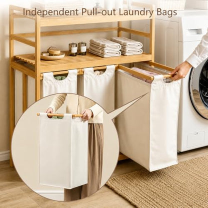 Beige Bamboo Laundry Hamper with 2-Tier Shelf and Removable Bags - 150L Capacity