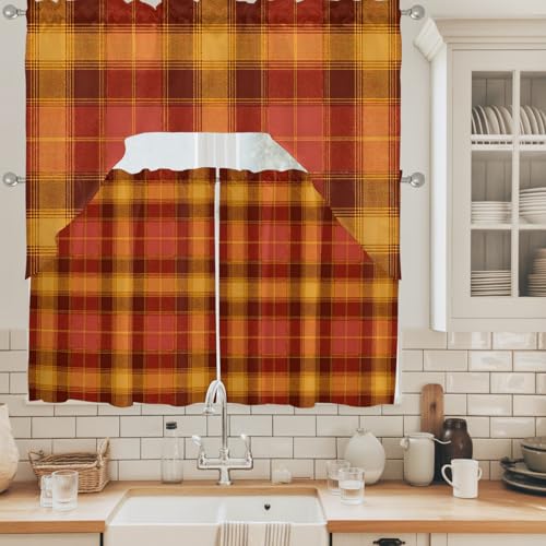 Burgundy & Warm Ochre Plaid Kitchen Curtains Set - 3 Piece Farmhouse Swag & Tier