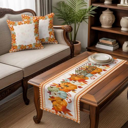 Fall Bed Runner with Matching Pillow Covers - Cal King Size 102x20 Orange Maple Leaves & Pumpkin Decor