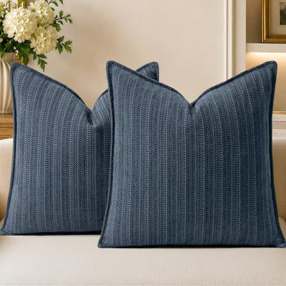 Dark Blue Textured Throw Pillow Covers 20x20 Set of 2 - Chenille Decorative Cushion Covers for Couch Sofa Bed Living Room