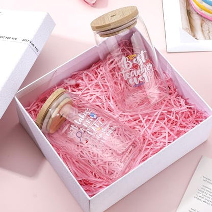 6 Pcs Teacher Appreciation Glass Cups with Straws & Lids - Inspirational Gifts