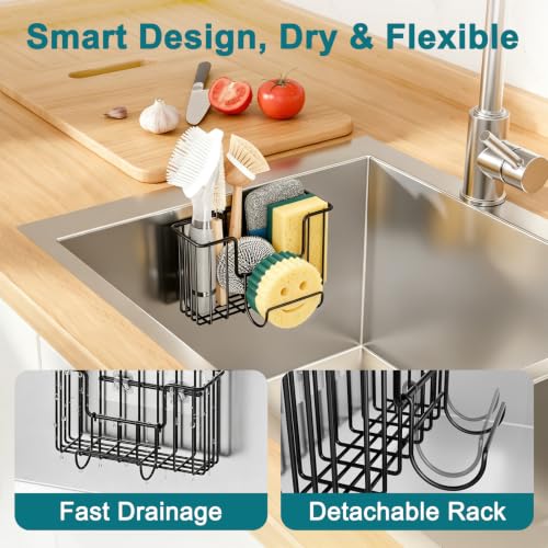 Black Sponge Holder for Kitchen Sink - Hanging Sink Organizer with Adhesive Hook